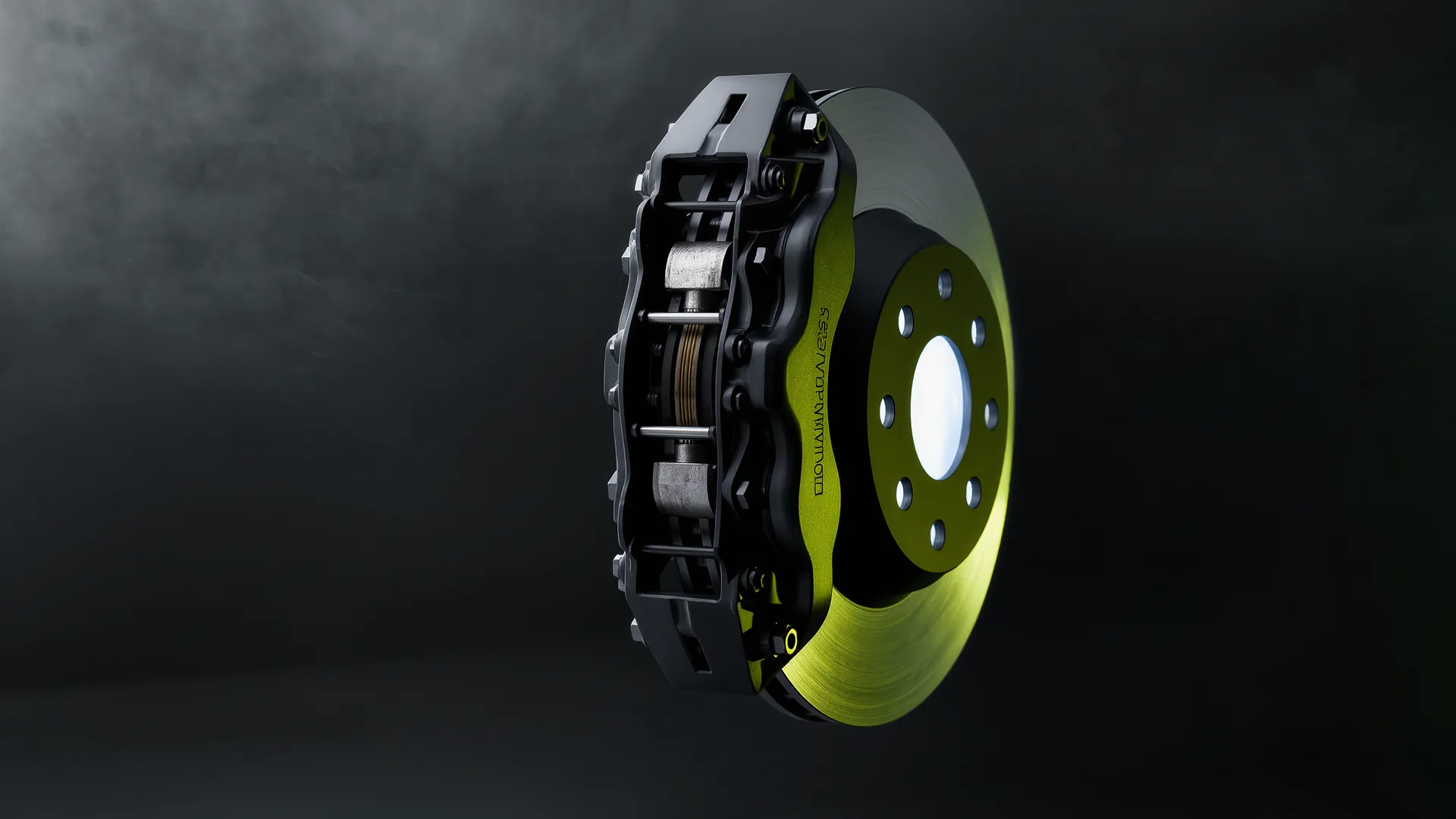 Brake caliper and glowing disc after repeated hard stops on a circuit