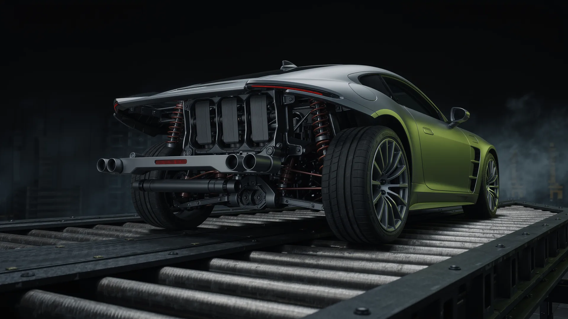 Car strapped to a rolling road dynamometer with the rear wheels on the rollers