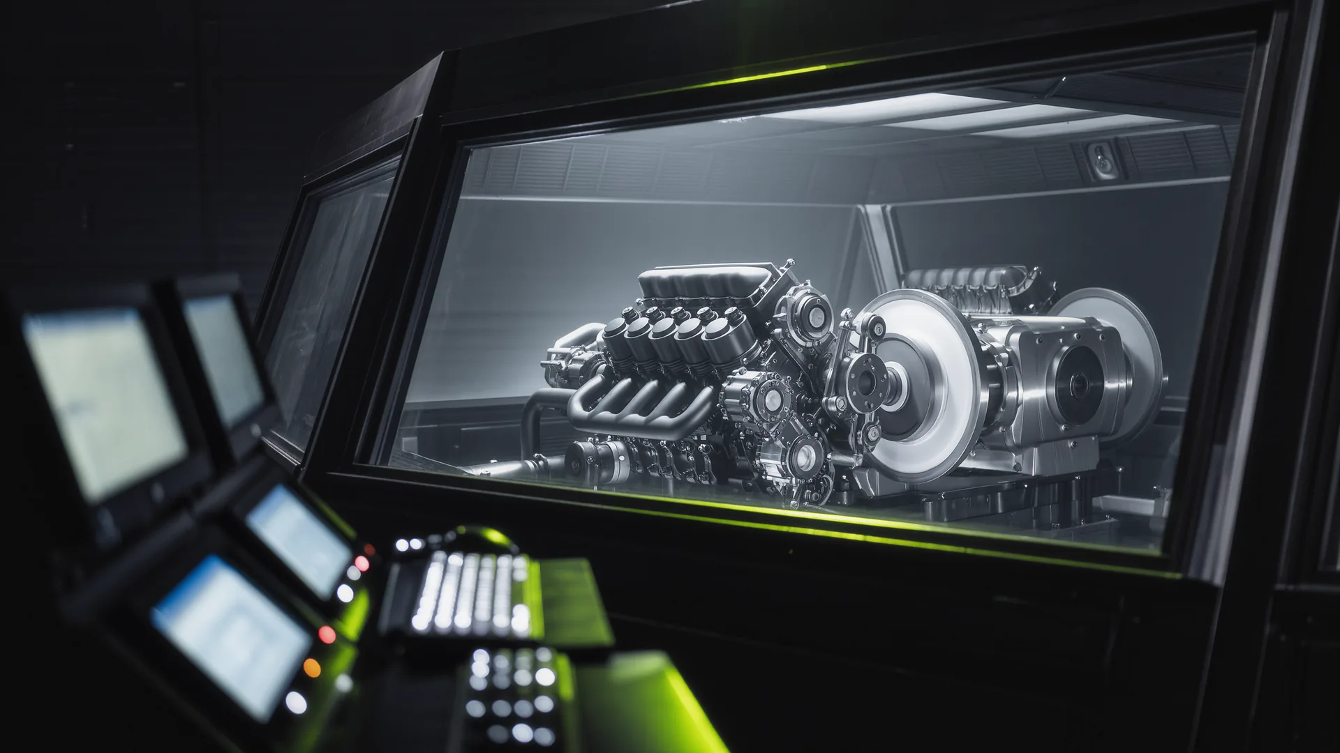 Engine dynamometer control room with atmospheric readings displayed alongside a power run