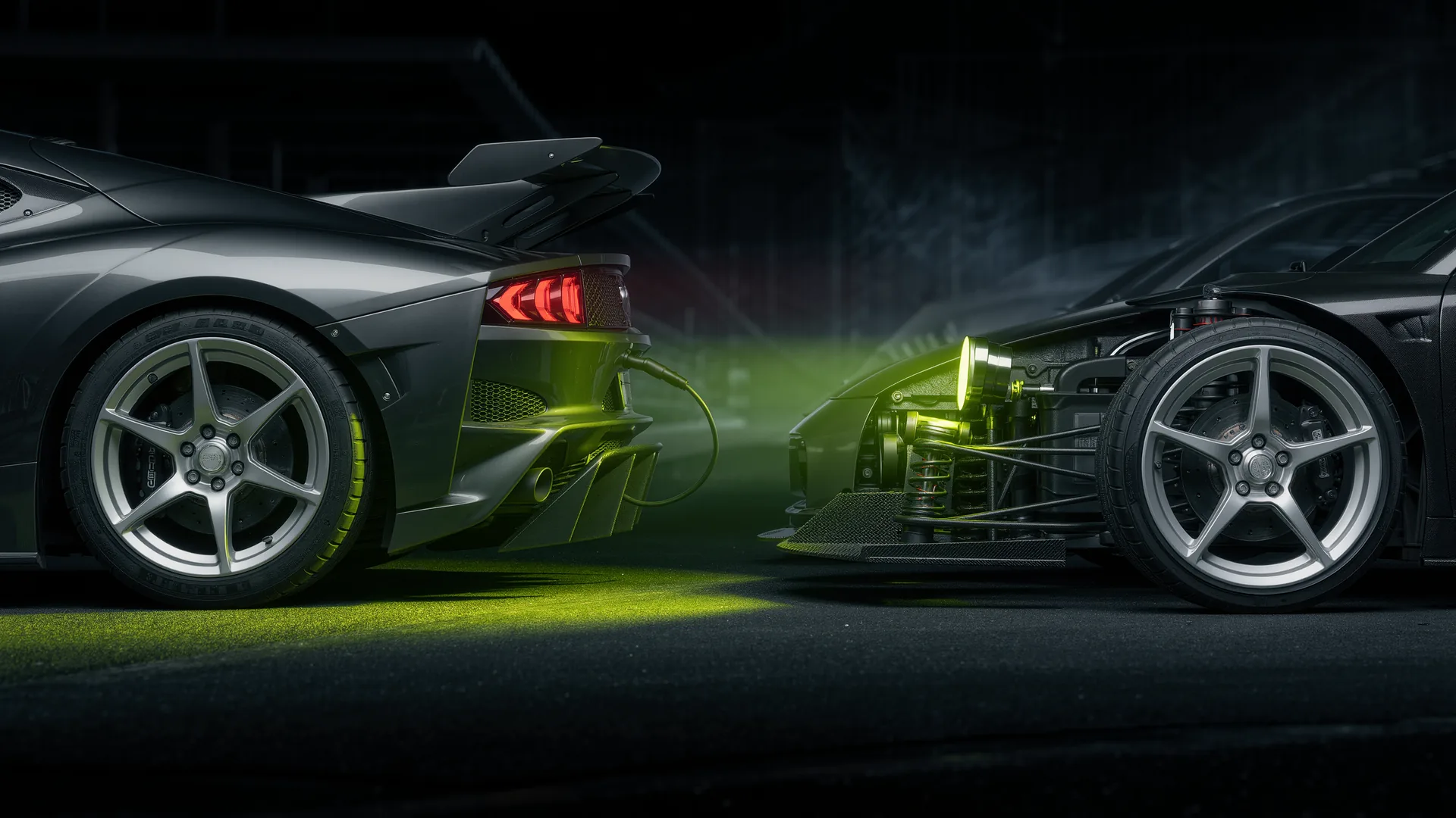 Electric and combustion performance cars side by side in a circuit pit lane