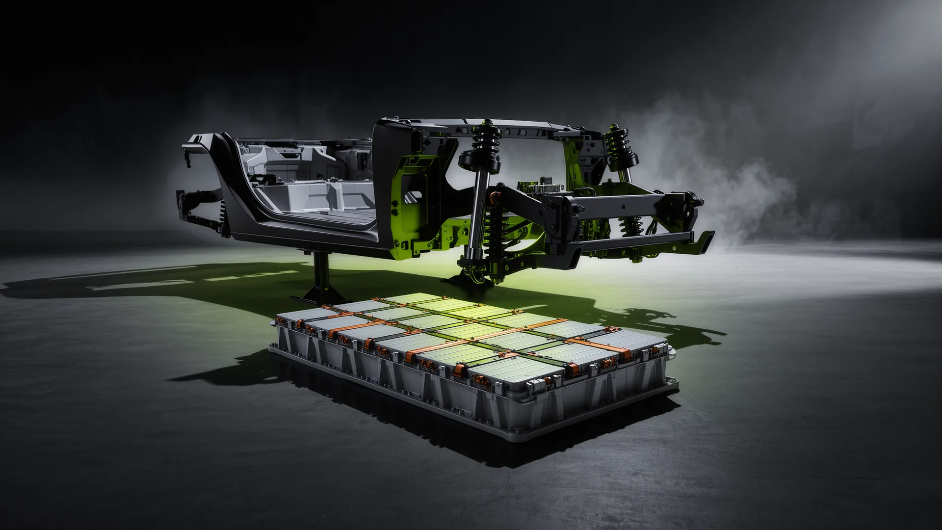 Electric vehicle battery pack laid out beneath a bare chassis structure