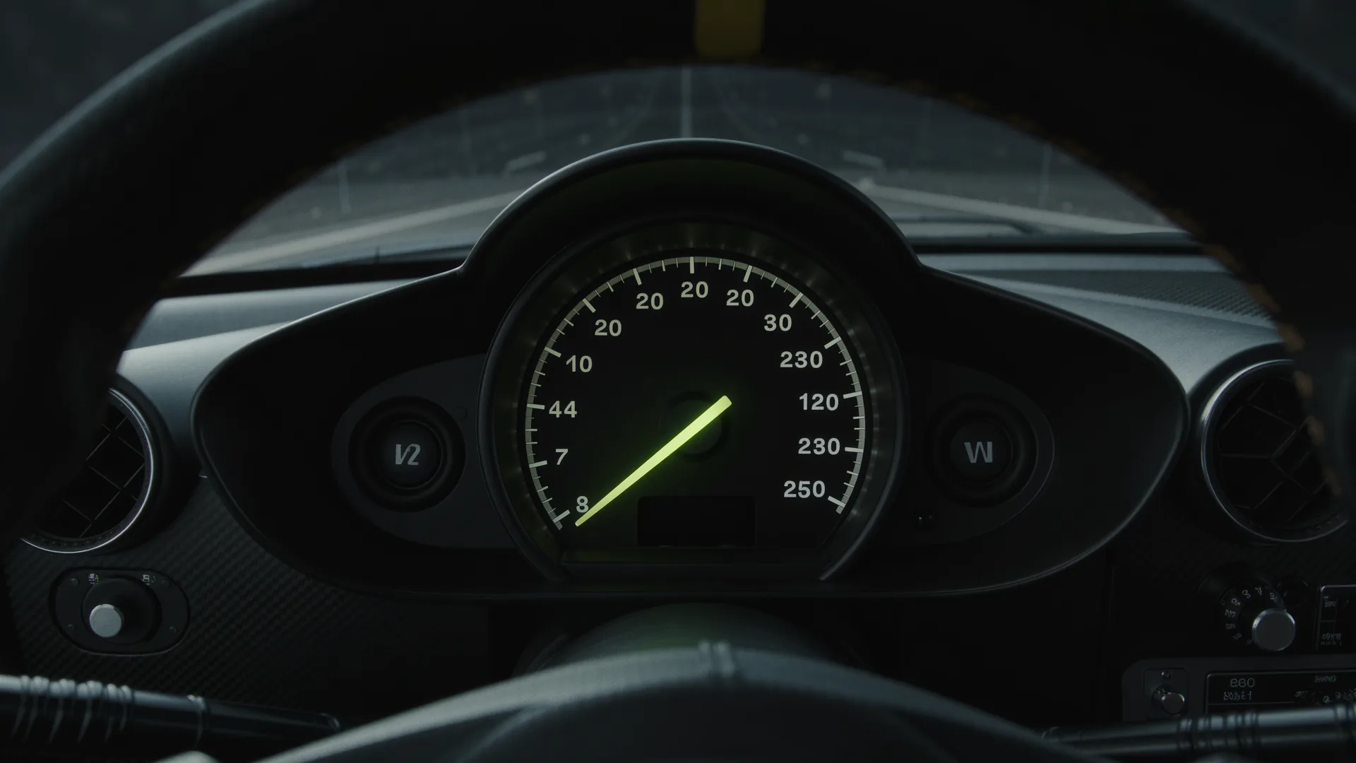 Speedometer needle resting against an electronic limiter on an empty autobahn