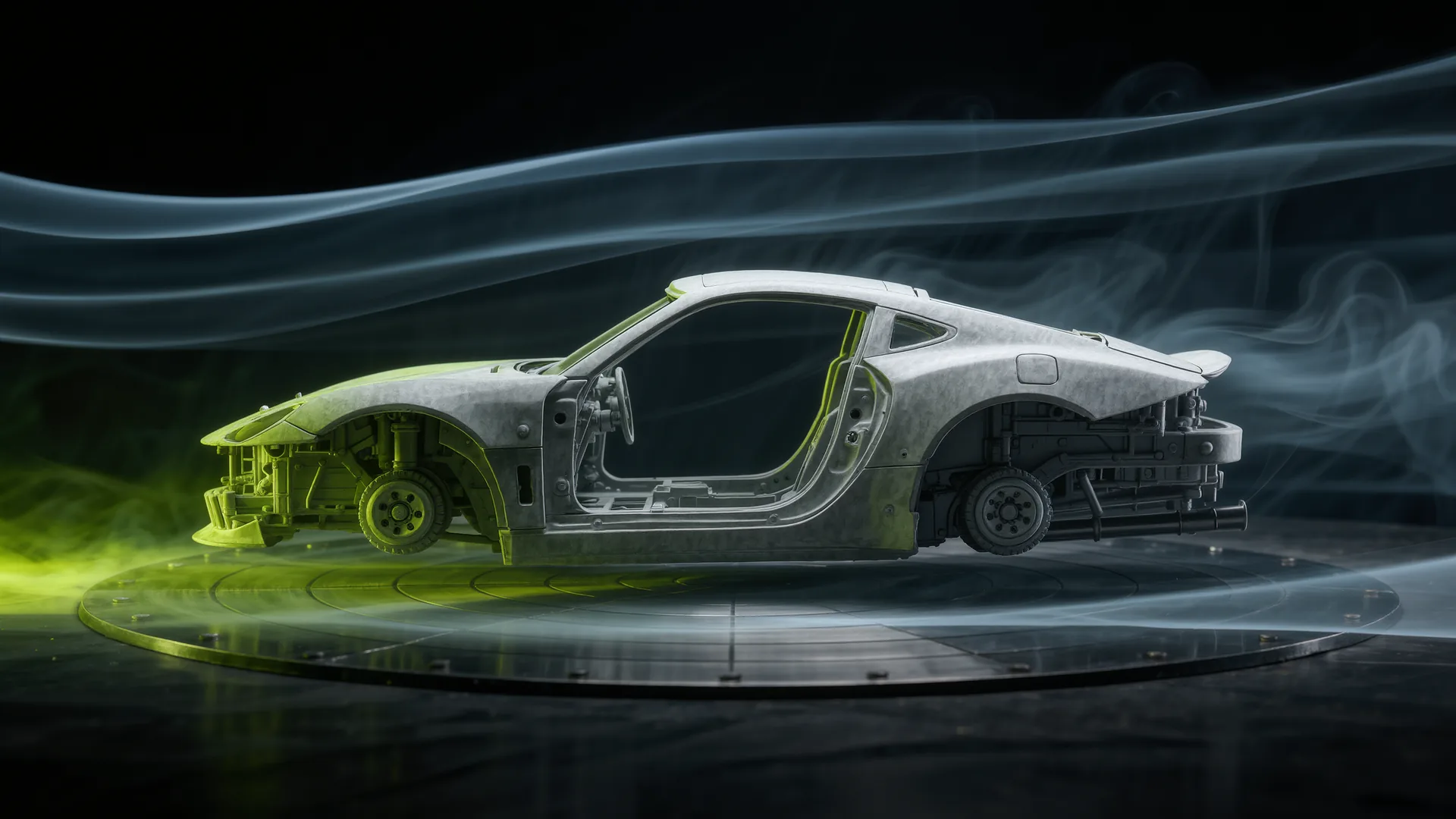 Scale model of a car body in a wind tunnel with smoke streams passing over it