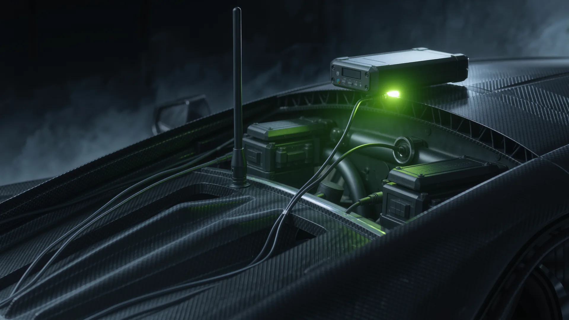 GPS data logger and antenna installed in the cabin of a test car