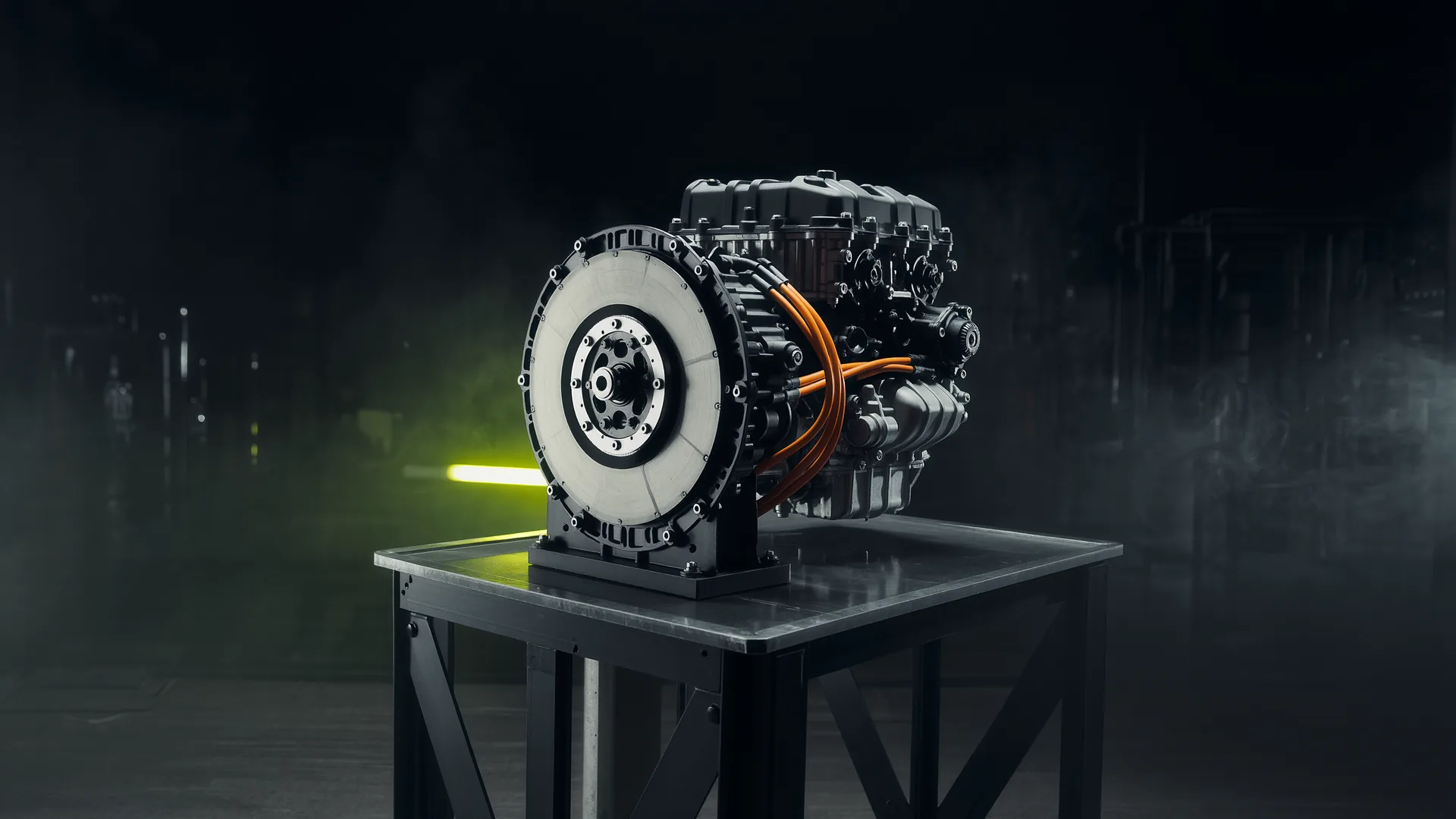 Hybrid powertrain assembly showing the electric motor mounted between engine and transmission