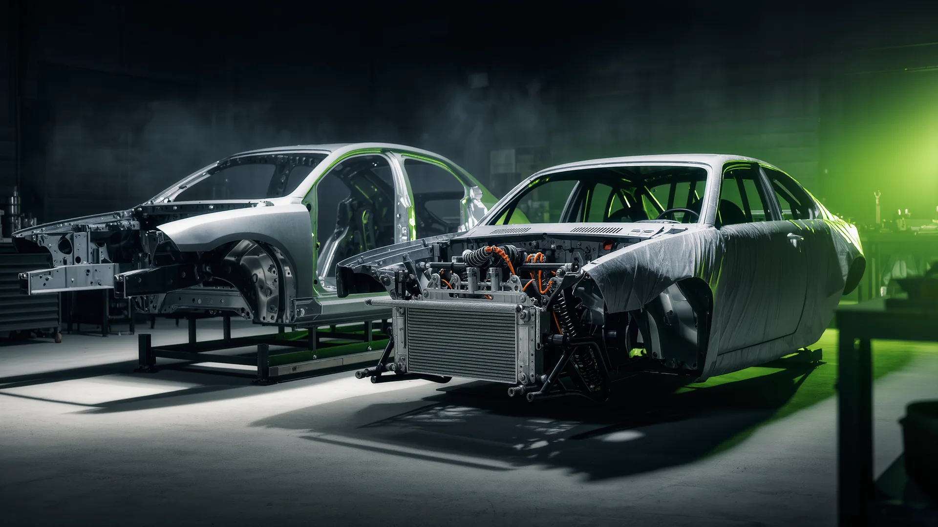 Production line body shell alongside a heavily modified development car in a workshop