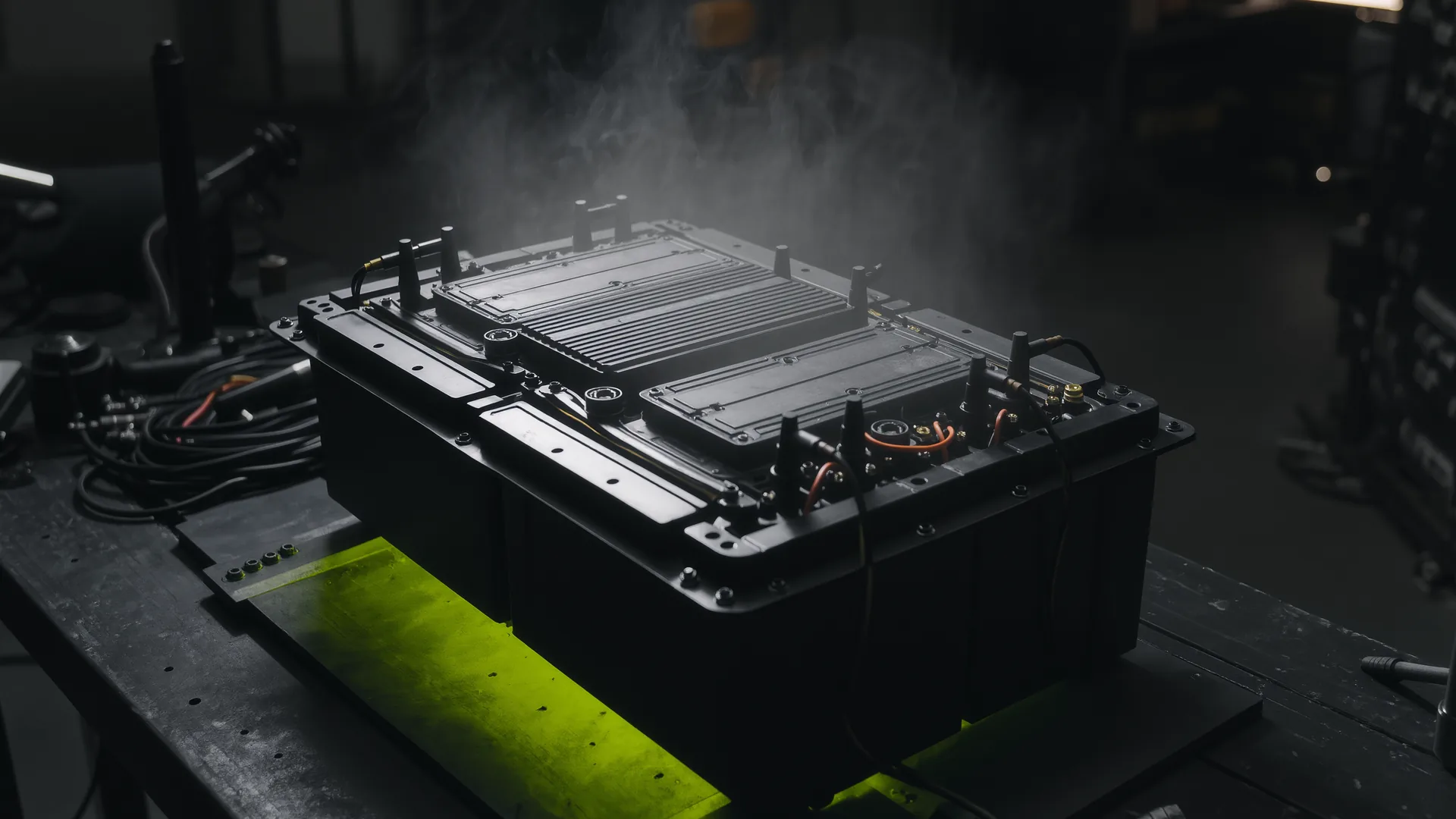 Thermal camera view of an electric car battery pack after repeated hard acceleration