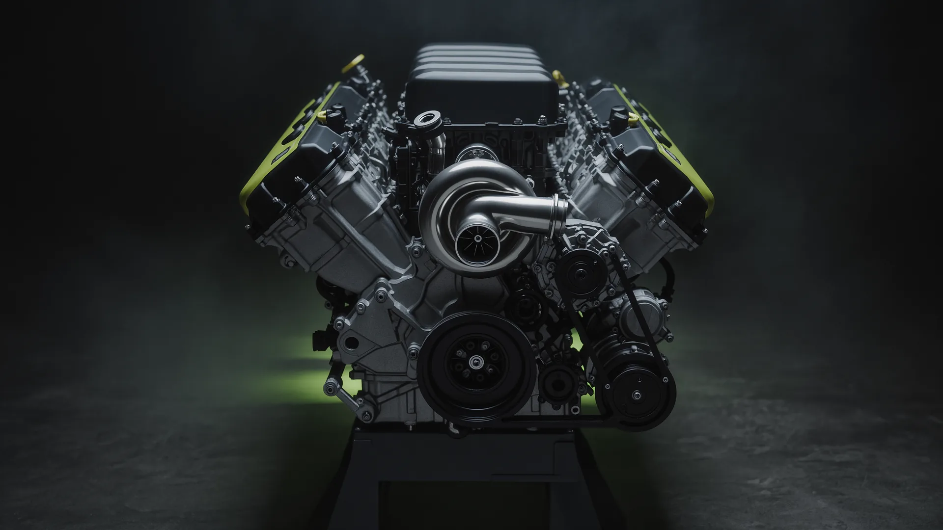 Compact high output turbocharged four cylinder engine on a workshop stand