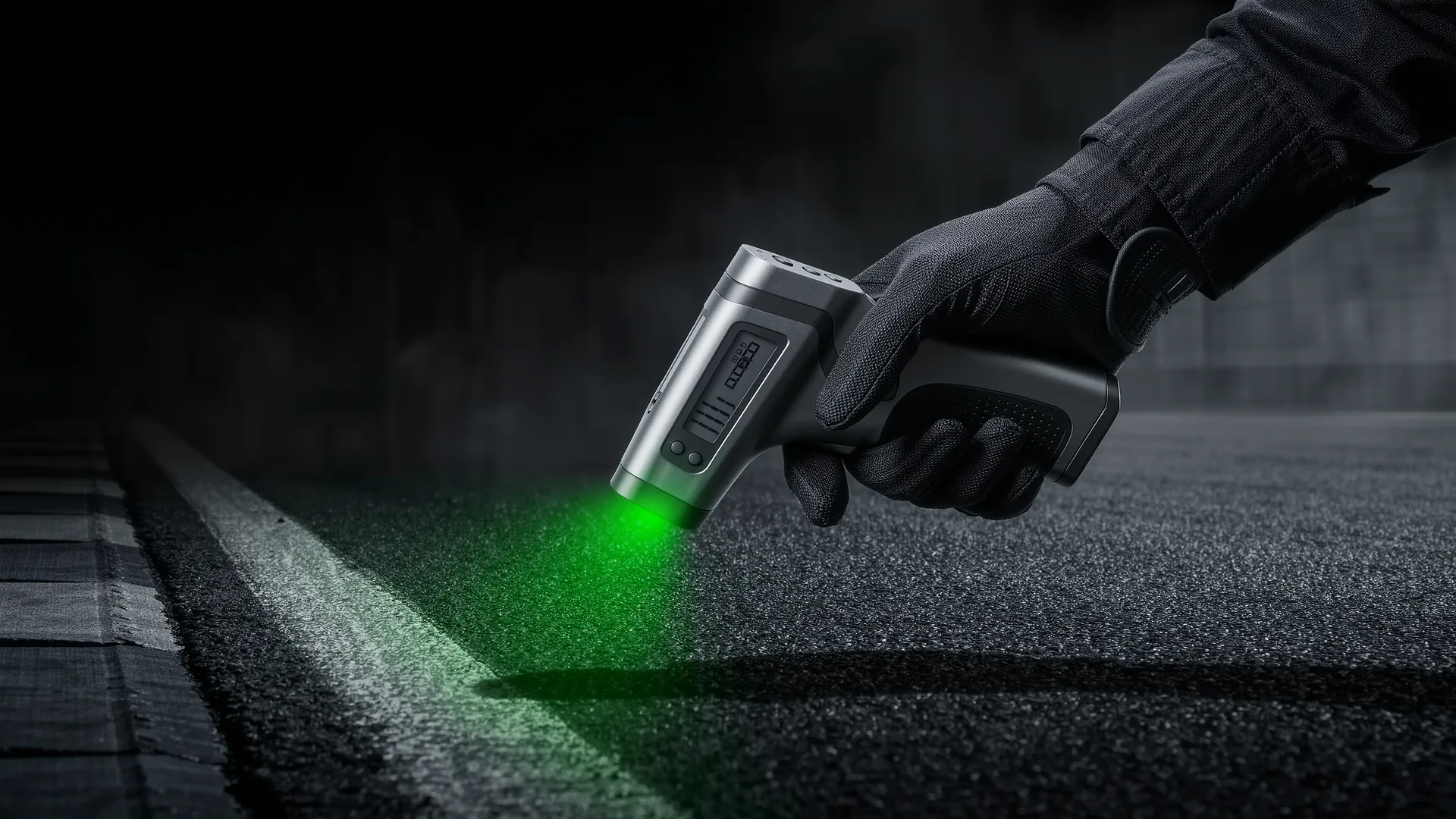 Infrared thermometer being pointed at a racing circuit surface before a session
