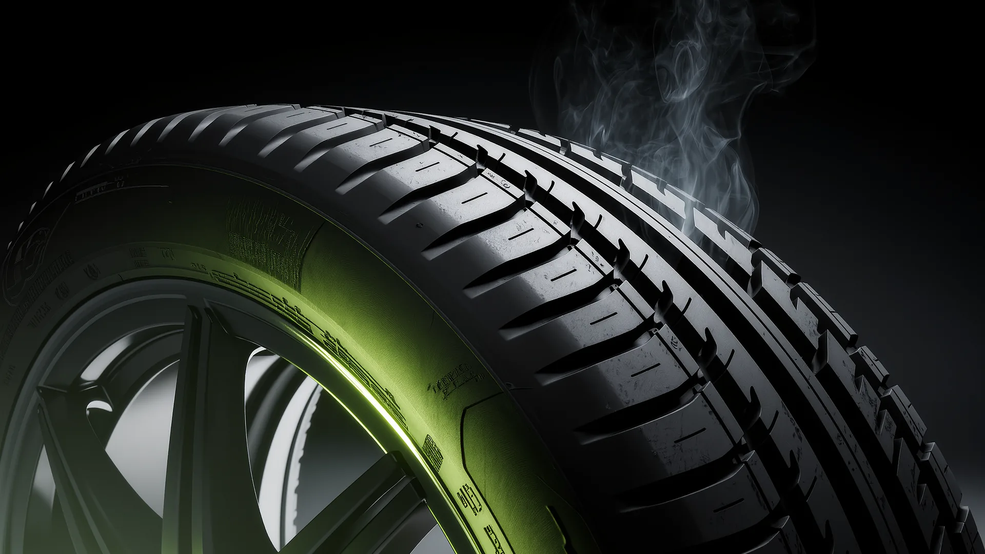 Rear tyre of a performance car deforming under load at the moment of launch