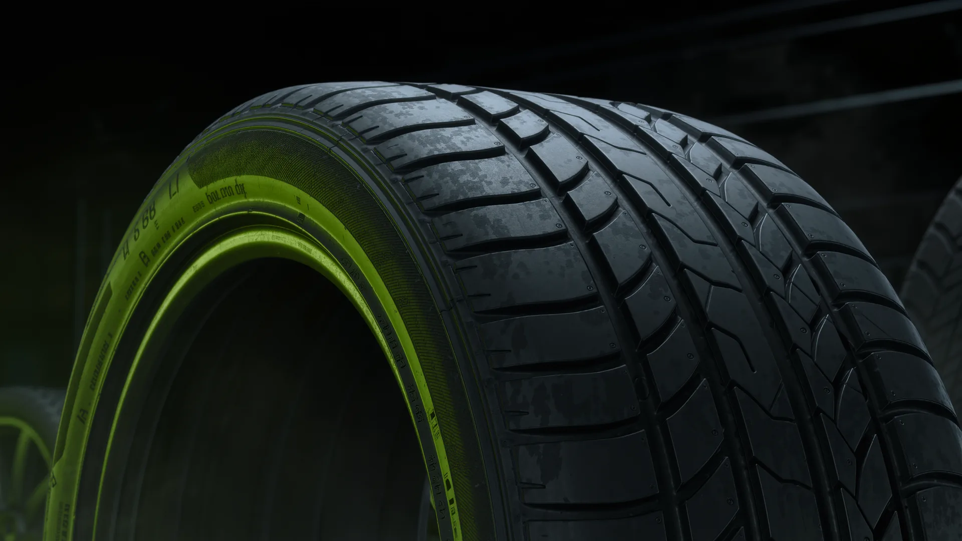 Sidewall of a high performance tyre showing size, load index and speed rating markings