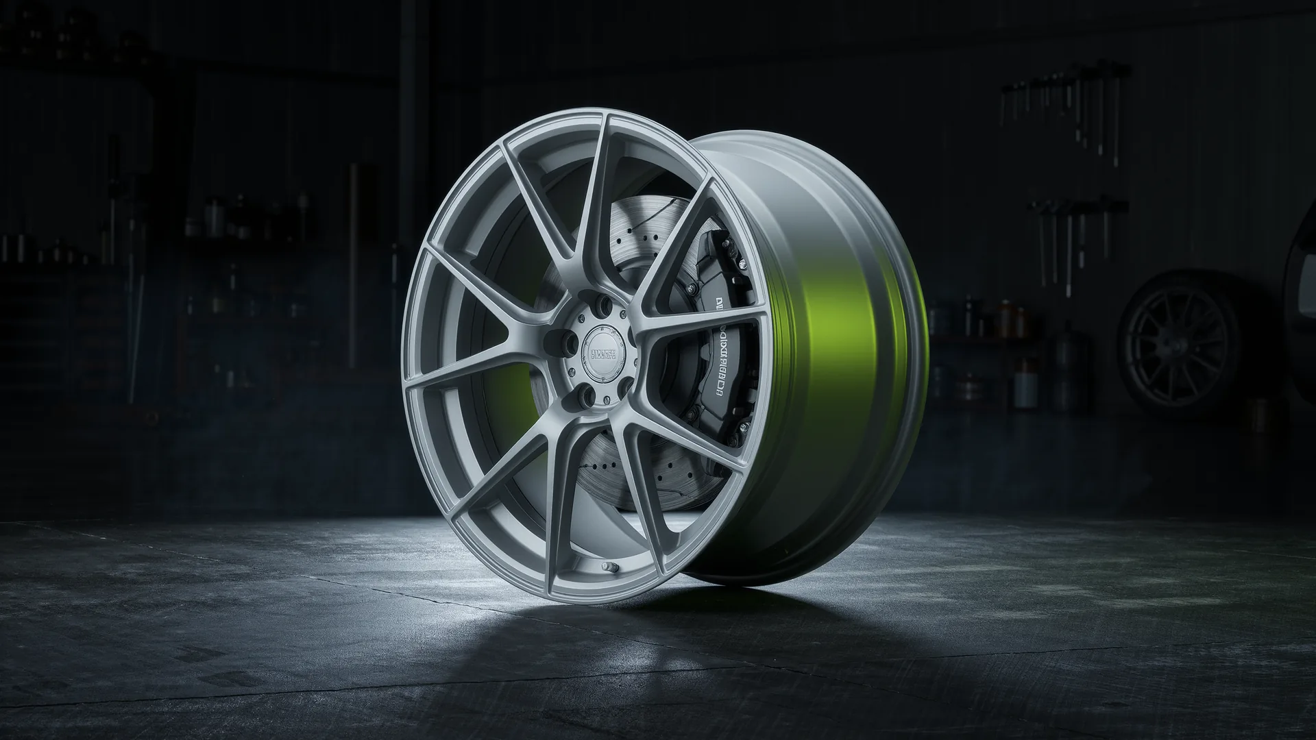 Lightweight forged wheel and brake assembly removed from a performance car
