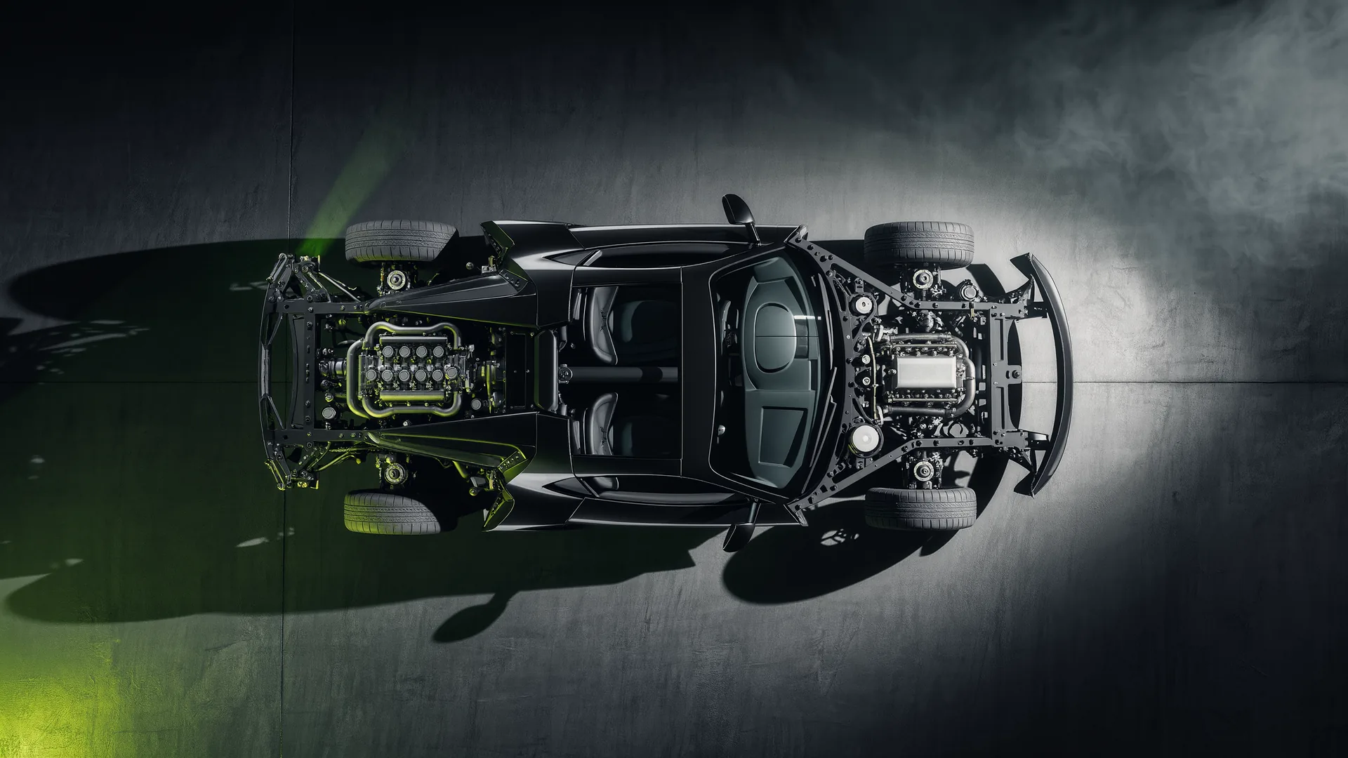Sports car viewed from above showing engine position and axle placement